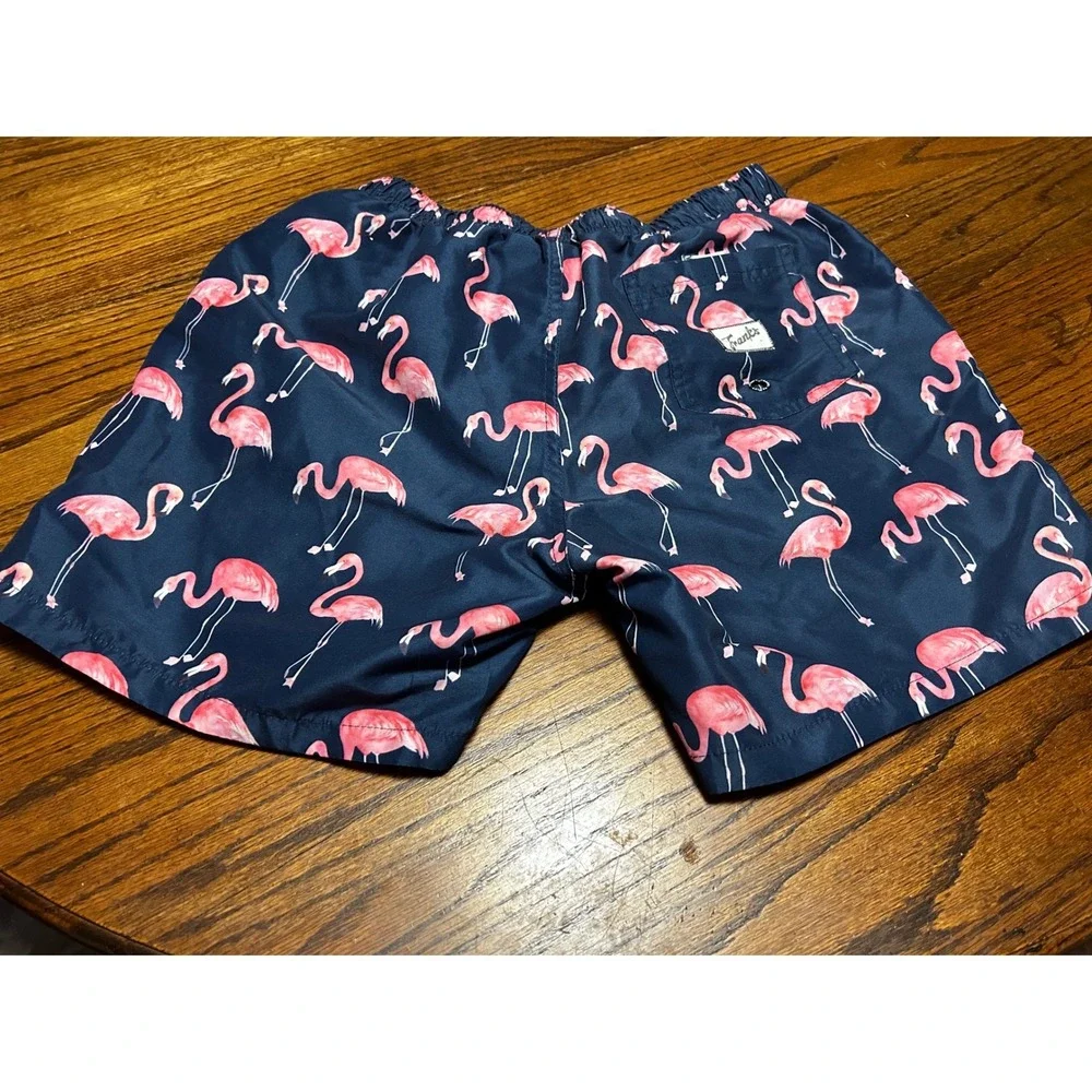 Franks Mens Swim Trunks Navy Blue Pink Flamingo Print Mesh Lined Shorts Size M‎